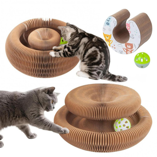 Cats Accordion Toy Foldable Cat Scratch Board with Bell Ball Portable Changeable Cat Scratcher Toy for Indoor Cats Anxiety Relief Exercise 