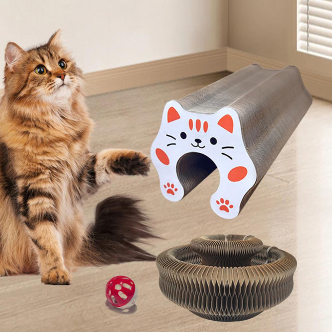 Flexible Accordion Cat Toy Changeable Cat Scratching Board with Bell Ball Portable Foldable Scratching Toy for Indoor Cats Entertainment Exercise