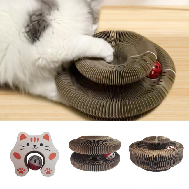 Flexible Accordion Cat Toy Changeable Cat Scratching Board with Bell Ball Portable Foldable Scratching Toy for Indoor Cats Entertainment Exercise