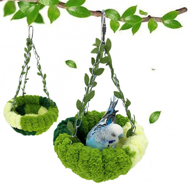 Hanging Parrot Nest Birdcage Plush Birds Bed with Leaves Hook Indoor Green Breeding Nest for Parakeet Conure Budgie Cockatiel Lovebird
