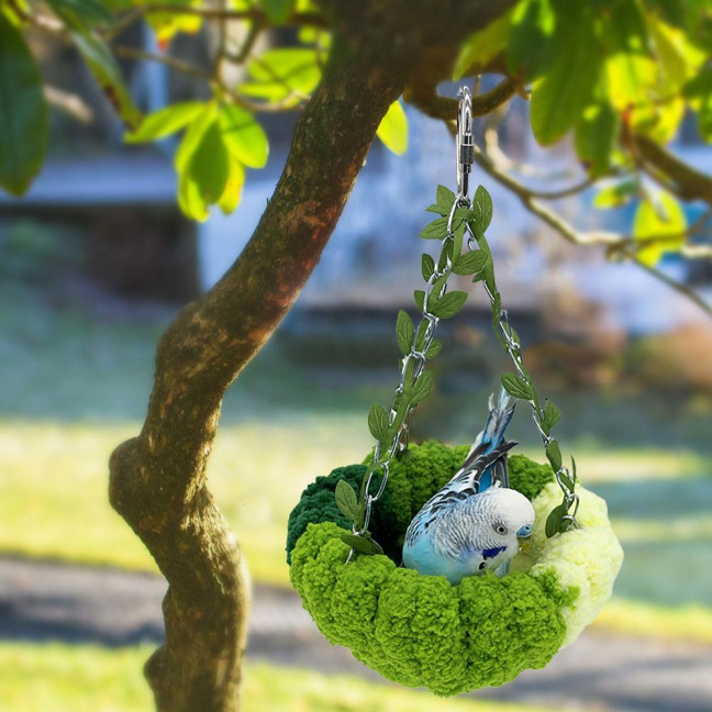 Hanging Parrot Nest Birdcage Plush Birds Bed with Leaves Hook Indoor Green Breeding Nest for Parakeet Conure Budgie Cockatiel Lovebird