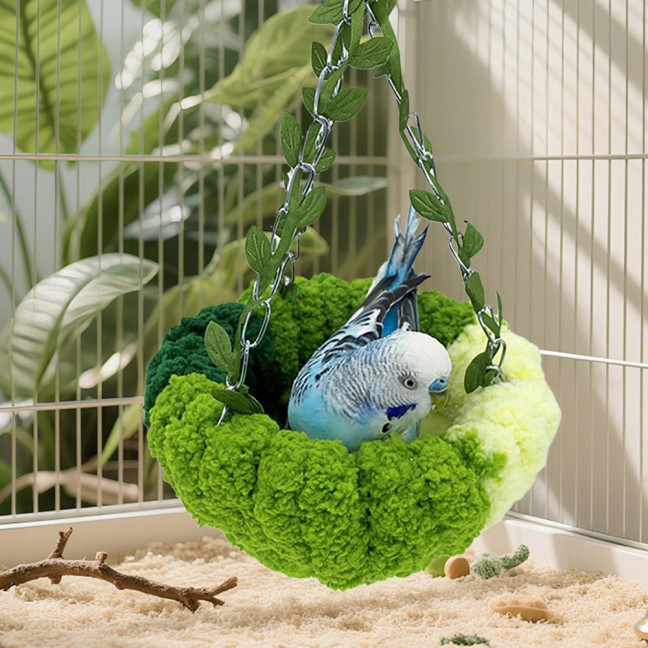 Hanging Parrot Nest Birdcage Plush Birds Bed with Leaves Hook Indoor Green Breeding Nest for Parakeet Conure Budgie Cockatiel Lovebird