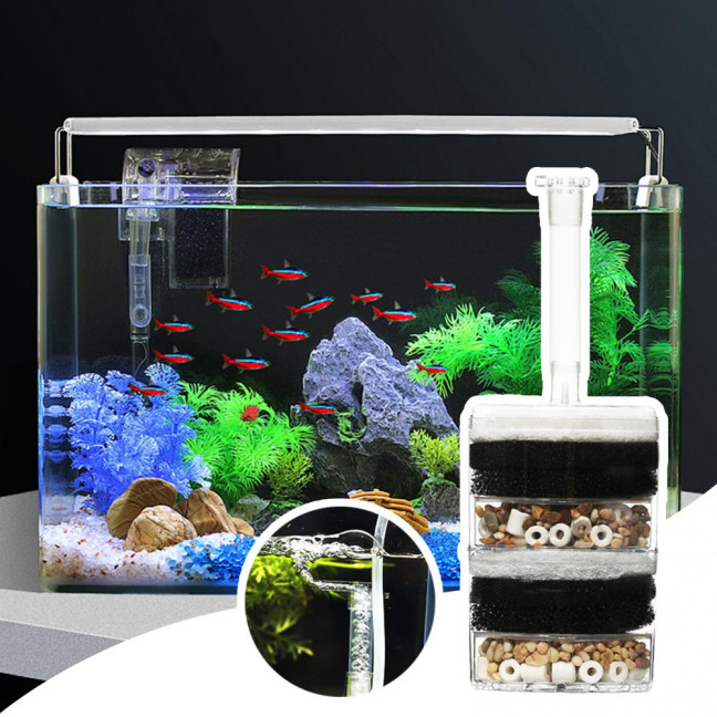 Aquarium Corner Filter Fish Tank Air Driven Sponge Filter Bio Filtration Corner Filter with Multi Kinds of Filter Media for Fry Shrimp Nano Fish Tank 