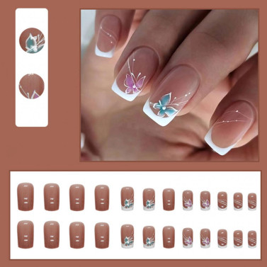 24Pcs Butterfly Fake Nails French Square Long Nail Extension Removable Home Salon Women Girls Full Cover Plastic Press on Nails Kit