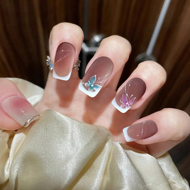 24Pcs Butterfly Fake Nails French Square Long Nail Extension Removable Home Salon Women Girls Full Cover Plastic Press on Nails Kit 24Pcs Butterfly Fake Nails French Square Long Nail Extension Removable Home Salon Women Girls Full Cover Plastic Press on Nails Kit