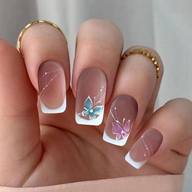 24Pcs Butterfly Fake Nails French Square Long Nail Extension Removable Home Salon Women Girls Full Cover Plastic Press on Nails Kit 24Pcs Butterfly Fake Nails French Square Long Nail Extension Removable Home Salon Women Girls Full Cover Plastic Press on Nails Kit