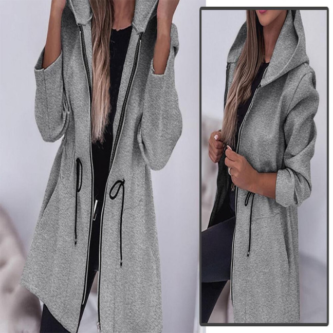 Women Jacket Windbreaker Style Hooded Drawstring Waist Large Pockets Solid Color Zipper Closure Thermal Long-Sleeved Biking Hiking Workout Spring Fall Winter Coat
