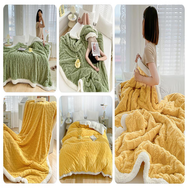 Winter Thickened Blanket Double-sided Fluff Plush Double-layer 3D Jacquard Solid Color Office Nap Dormitory Home Bed Sofa Travel Cozy Warm Blanket