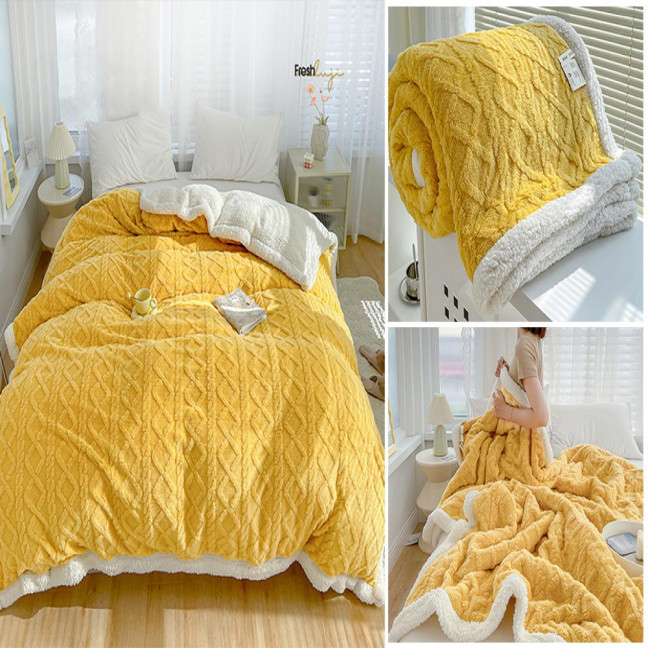Winter Thickened Blanket Double-sided Fluff Plush Double-layer 3D Jacquard Solid Color Office Nap Dormitory Home Bed Sofa Travel Cozy Warm Blanket