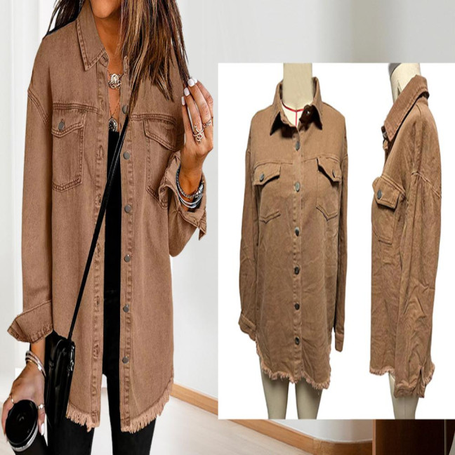 Women Denim Coat with Breast Pockets Turn-down Collar Washed Single-breasted Pure Color Wipped Edge Loose Cardigan Long Sleeve Jacket Women Denim Coat with Breast Pockets Turn-down Collar Washed Single-breasted Pure Color Wipped Edge Loose Cardigan Long Sleeve Jacket