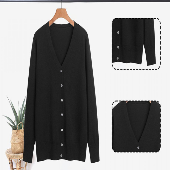 Women Knitted Cardigan Jacket Button Down V-Neck Long Sleeve Casual Sweater Solid Color Ribbed Trim Cardigan Outerwear