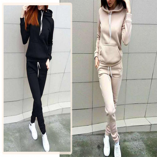 2 Pcs/Set Women Hoodie Pants Suit Solid Color Plush Long Sleeves Thick Top Elastic Waist Ankle-banded Trousers Sport Fitness Outfit Fall Winter Tracksuit