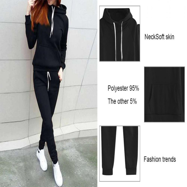 2 Pcs/Set Women Hoodie Pants Suit Solid Color Plush Long Sleeves Thick Top Elastic Waist Ankle-banded Trousers Sport Fitness Outfit Fall Winter Tracksuit