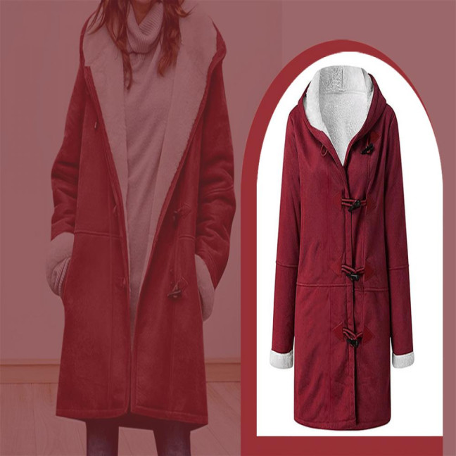 Lady Winter Coat with Hood And Pockets Thickened Fleece-lined Faux Suede Mid Length Thermal Jacket Long Sleeve Outdoor Casual Outerwear 
