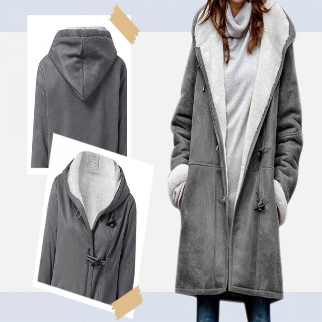 Lady Winter Coat with Hood And Pockets Thickened Fleece-lined Faux Suede Mid Length Thermal Jacket Long Sleeve Outdoor Casual Outerwear 