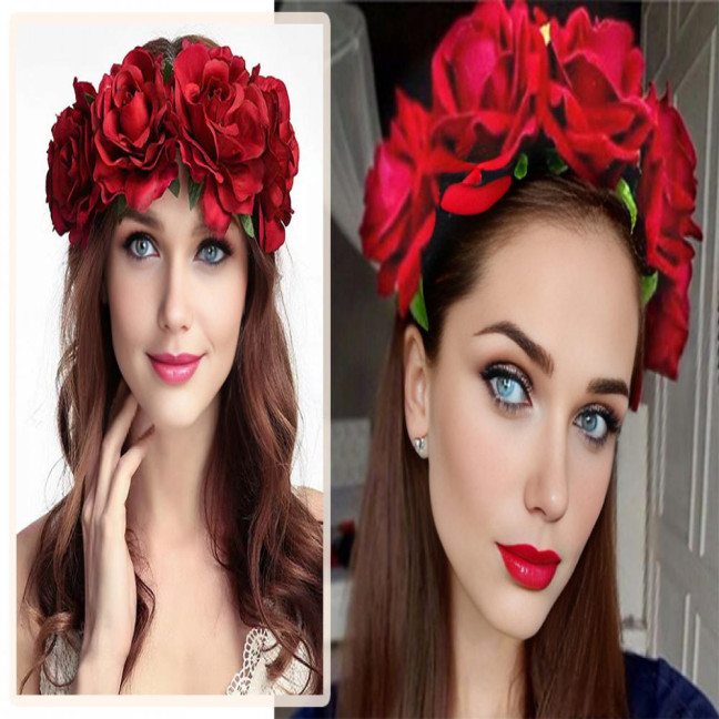 Rose Headband Handmade Hair Hoop with 5 Artificial Roses High Elastic Design Bohemia Style Hair Hoop Festival Decor