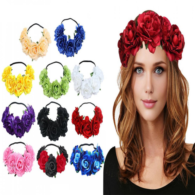 Rose Headband Handmade Hair Hoop with 5 Artificial Roses High Elastic Design Bohemia Style Hair Hoop Festival Decor