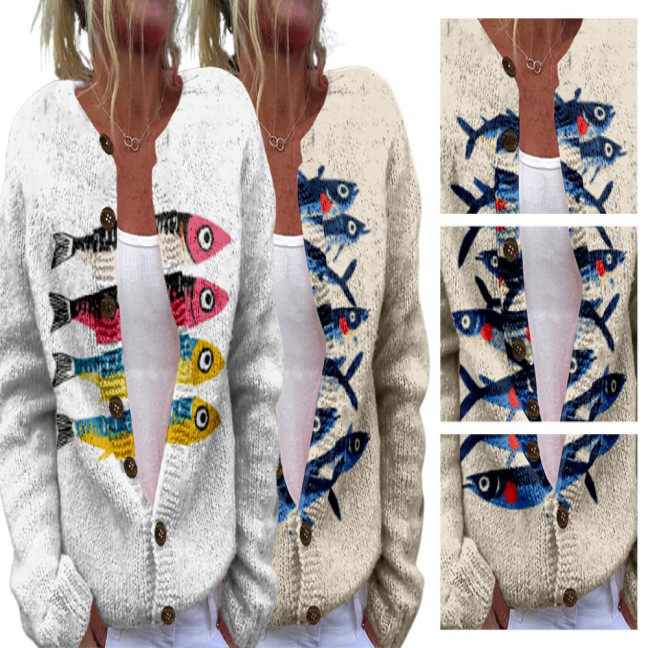 Women Sweater Coat Round Neck Long Sleeve Animal Print Knitting Outerwear Loose Fit Open Front Cardigan Women Sweater Coat Round Neck Long Sleeve Animal Print Knitting Outerwear Loose Fit Open Front Cardigan