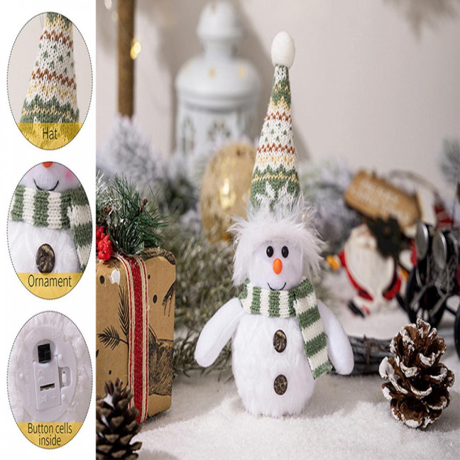 Snowman Christmas Ornament Lighted Plush Snowman Doll Battery Operated Night Light Snowman Figurine for Xmas Gifts Tabletop Decor