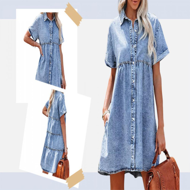 Women Summer Dress Short Sleeves A-line Faux Denim Button-down Mini Dress Solid Color Lapel Patchwork Dress for Dating Commuting Party 