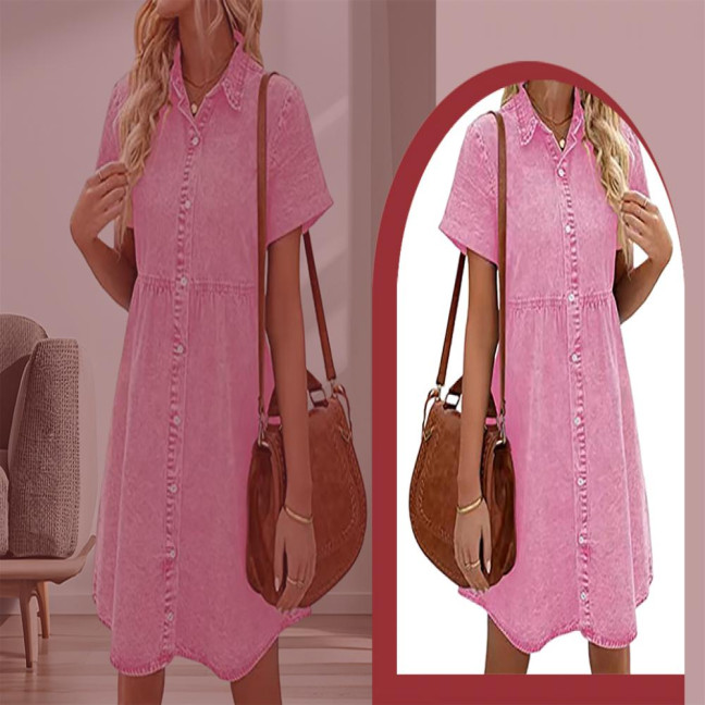 Women Summer Dress Short Sleeves A-line Faux Denim Button-down Mini Dress Solid Color Lapel Patchwork Dress for Dating Commuting Party 