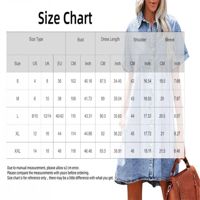 Women Summer Dress Short Sleeves A-line Faux Denim Button-down Mini Dress Solid Color Lapel Patchwork Dress for Dating Commuting Party 