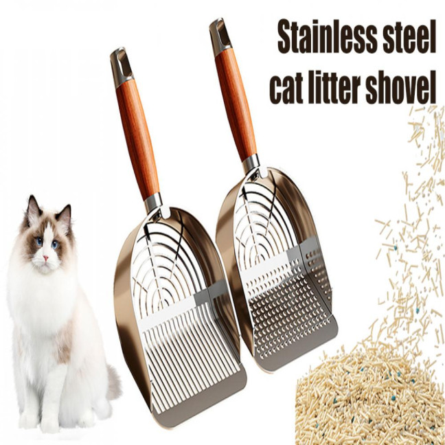 Metal Cat Litter Scoop with Holder Pet Poop Scooper with Ergonomic Wood Handle Fast Sifting Shovel Cat Supplies