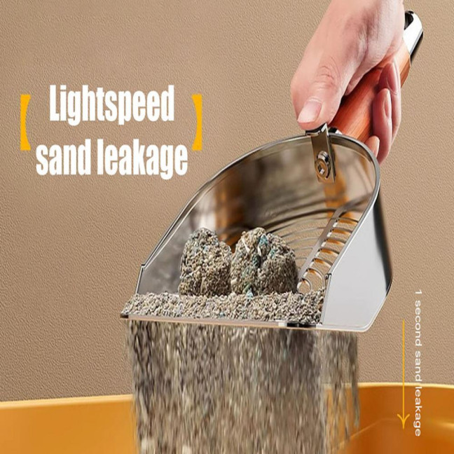 Metal Cat Litter Scoop with Holder Pet Poop Scooper with Ergonomic Wood Handle Fast Sifting Shovel Cat Supplies