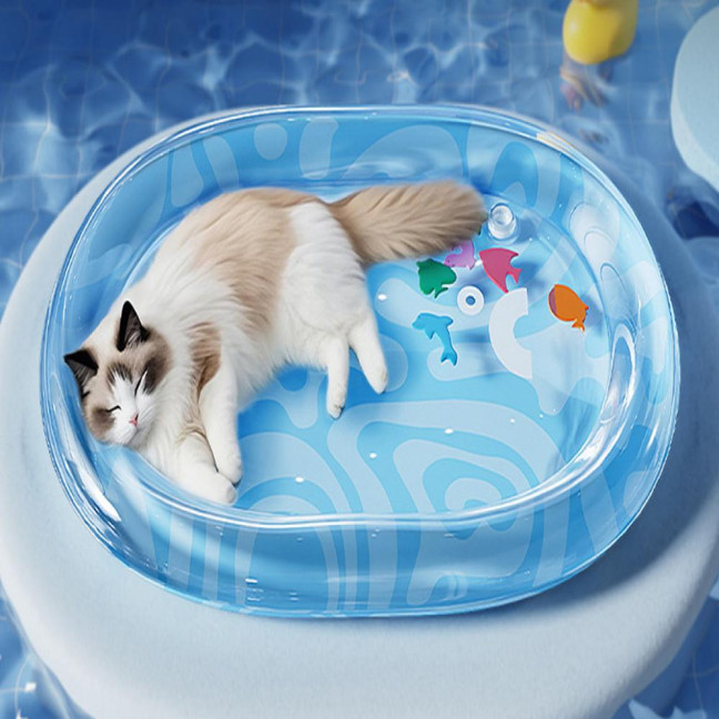 Pet Water Bed Water-Filled Cat Cooling Pad Sensory Pet Cooling Bed with Floating Fish Interactive Play Mat for Summer Indoor Dogs Cats