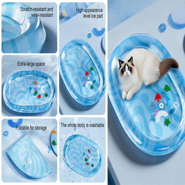 Pet Water Bed Water-Filled Cat Cooling Pad Sensory Pet Cooling Bed with Floating Fish Interactive Play Mat for Summer Indoor Dogs Cats