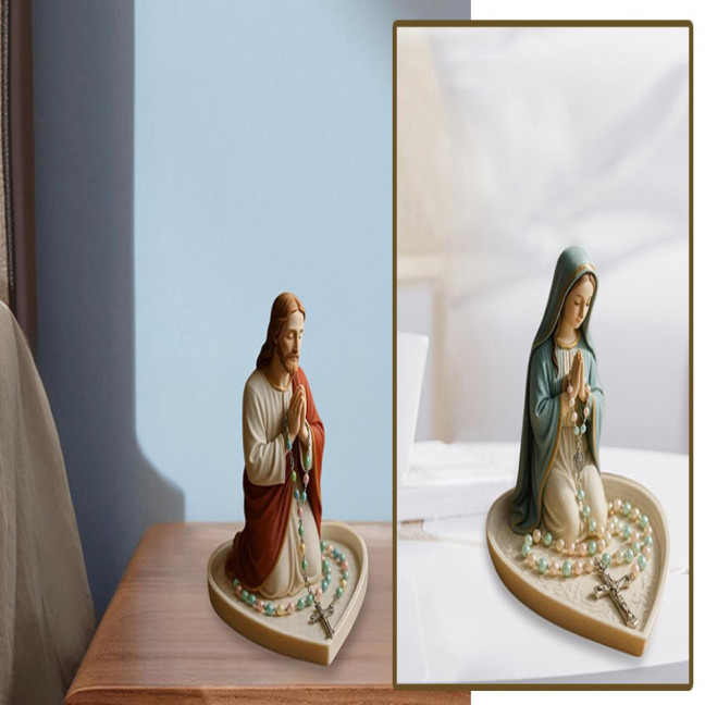 Virgin Mary Rosary Holder Resin Mary or Jesus Figurine Jewelry Dish Our Lady Prayer Rosary Dish Religious Gift Catholic Decor for Home Bedroom Personal Devotional