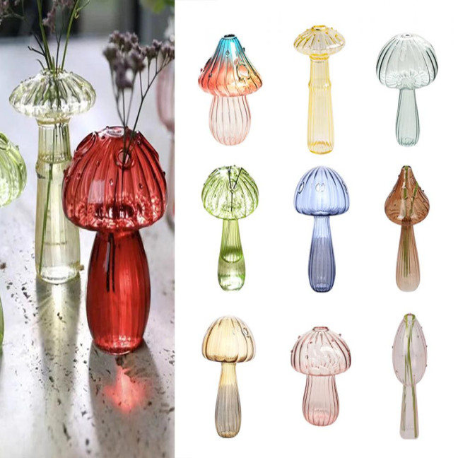Mini Mushroom Shape Vase Colorful Transparent Glass Hydroponic Vase Flower Plant Display Vase Home Decoration 