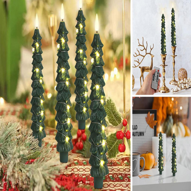 4Pcs LED Flameless Christmas Tree Taper Candles with Remote Control 3D Flame Flickering Window Candlesticks Set 4Pcs LED Flameless Christmas Tree Taper Candles with Remote Control 3D Flame Flickering Window Candlesticks Set