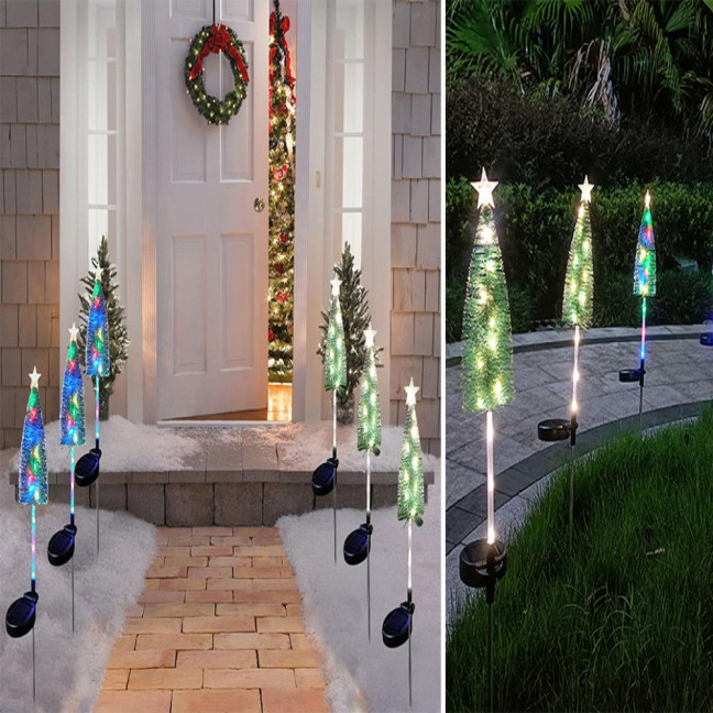 Solar Powered Christmas Tree Lights Outdoor Waterproof LED Lawn Lights with Star Topper Colorful Holiday Garden Decoration for Yard Patio 