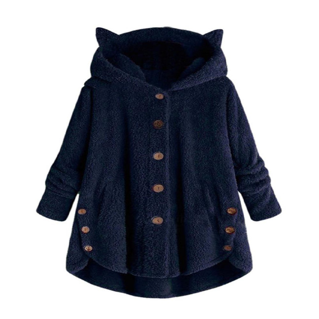 Cute Women Winter Cute Cats Ears Hooded Irregular Hem Buttons Jacket Fleece Coat Cute Women Winter Cute Cats Ears Hooded Irregular Hem Buttons Jacket Fleece Coat
