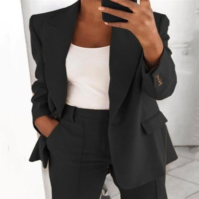 Suit Jacket Solid Color Turndown Collar Women Long Sleeve Buttons Blazer for Dating