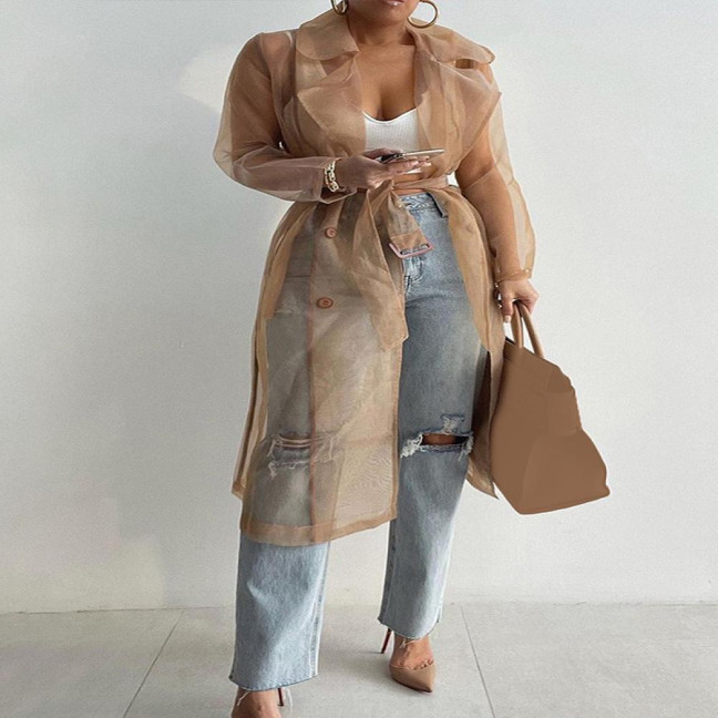 Shirt Coat Net Yarn See Through Spring Summer Lace-up Long Shirt for Daily Wear Shirt Coat Net Yarn See Through Spring Summer Lace-up Long Shirt for Daily Wear