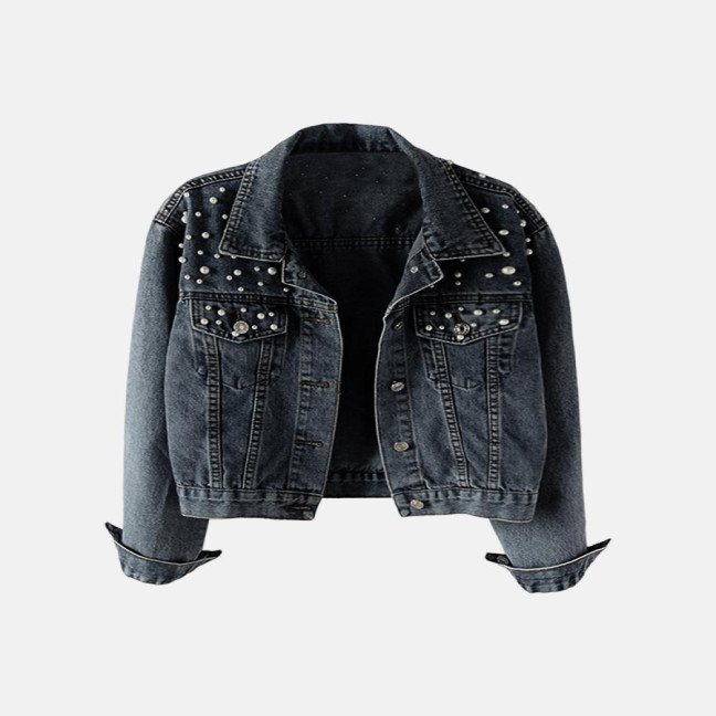 Women Denim Jacket Solid Color Single-breasted Short Breathable Keep Warm Beads Decor Long Sleeves Cardigan Imitation Pearl Autumn Coat Female Clothes