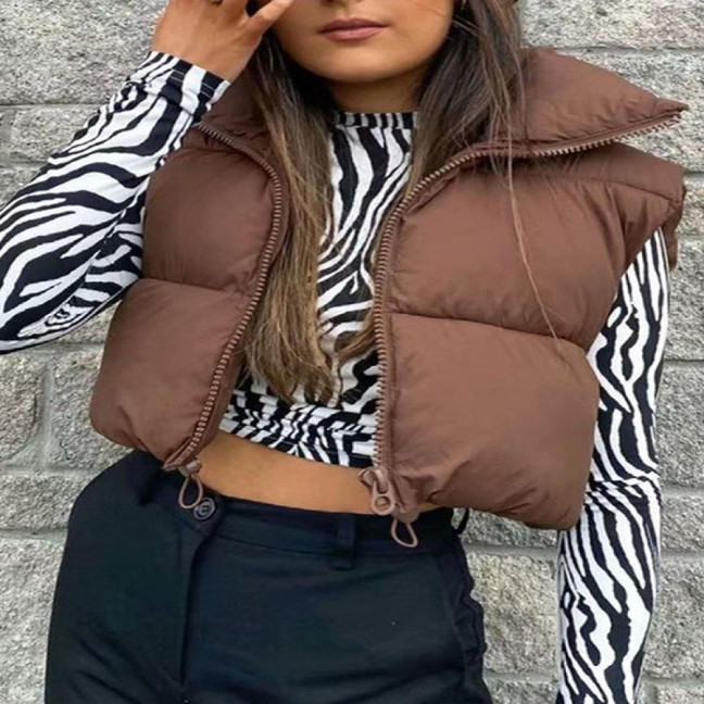 Stand Collar Sleeveless Zipper Placket Drawstring Hem Women Waistcoat Autumn Winter Solid Cropped Color Cotton Padded Vest Coat Outerwear