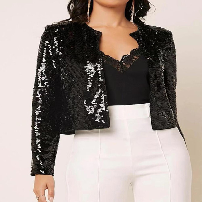 Party Blazer Sequin Decoration Crew Neck Long Sleeves Slim Fit Cardigan Dress Up Streetwear Women Open Front Sequin Jacket Female Clothing