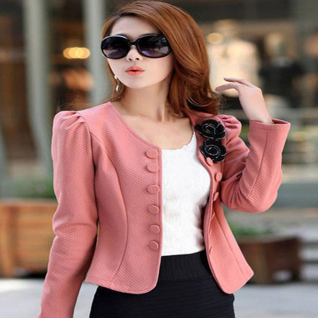 Women Blazer Button Solid Color Long Sleeves Flower Collarless Keep Warm Casual Slim Fit Formal Autumn Coat for Work