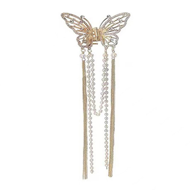 Hair Clip Realistic Butterflies Luxury Hollow Out Long Tassel Faux Pearl Fix Hair Non-Slip Hair Decoration Stable Back Head Hair Clip Hair Accessories