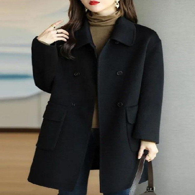 Women Autumn Winter Solid Color Woolen Coat Lapel Double Breasted Flap Pockets Mid-length Loose Fit Thickened Warm Overcoat Streetwear