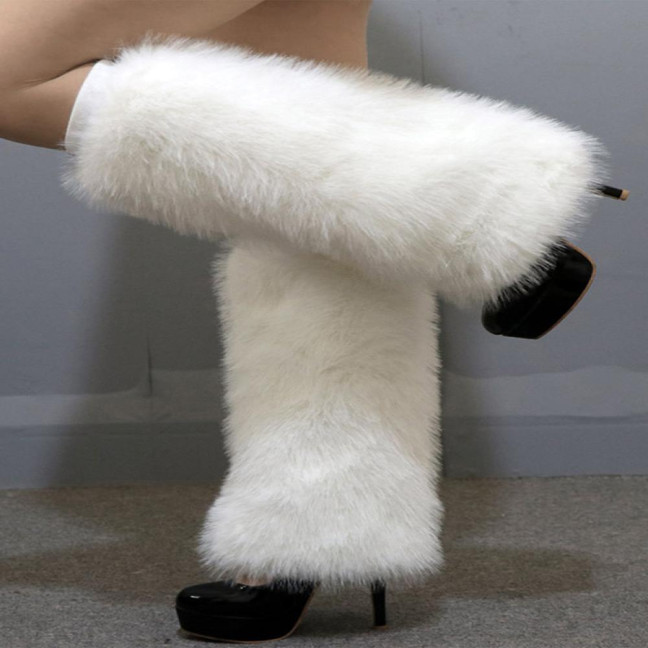 1 Pair Women Imitation Fox Fur Leg Warmers Solid Color Elastic Furry Boot Covers Knee-length Long Socks Fashion Accessories