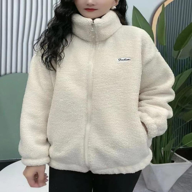 Women Winter Sherpa Coat Fuzzy Warm Solid Color Stand Collar Loose Fit Zipper Closure Dual Pocket Drop Shoulder Long Sleeves Ladies Female Coat Outwear