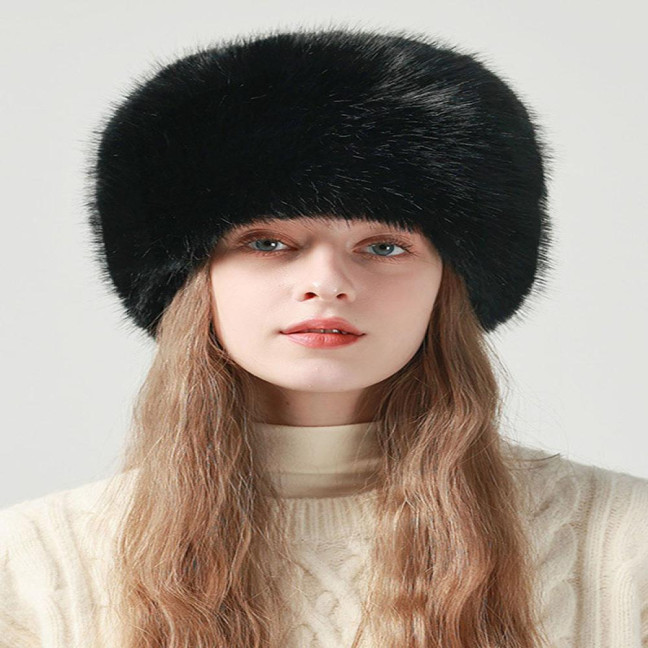 Women Winter Hat Faux Fur Soft Thick Elastic Anti-slip Warm Windproof No Brim Solid Color Ear Protection Basin Hat Outdoor Hunting Cap 
