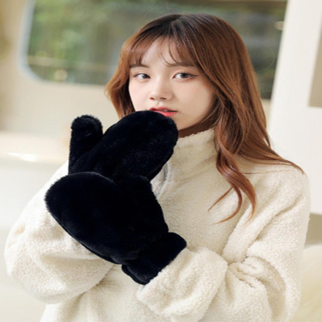 1 Pair Ladies Winter Mittens Thickened Soft Plush Solid Color Cozy Anti-slip Elastic Windproof Heat Retention Warm Lady Outdoor Gloves 