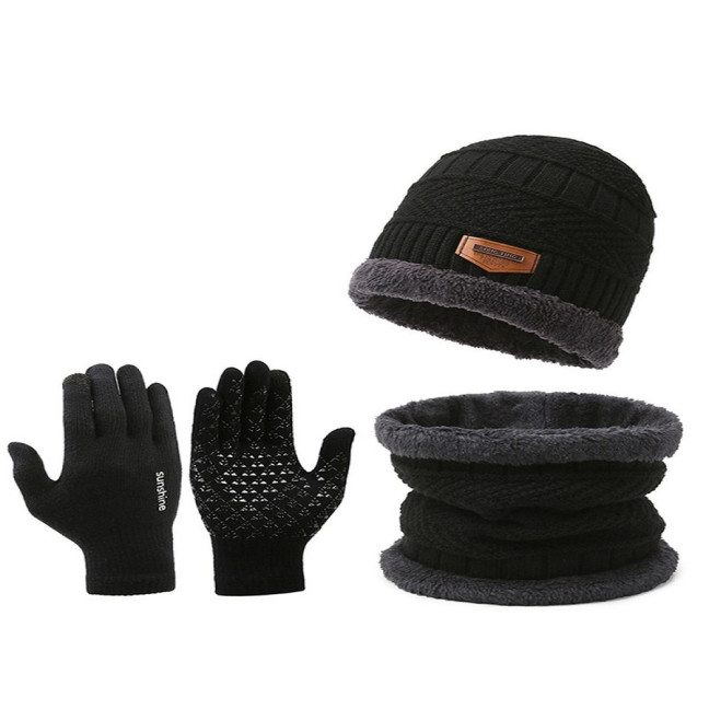 1 Set Men Winter Hat Scarf Gloves Set Thick Knitted Soft Warm Elastic Colorful Ear Protection Five Fingers Windproof Winter Outdoor Cycling Cap Neck Warp Gloves Set