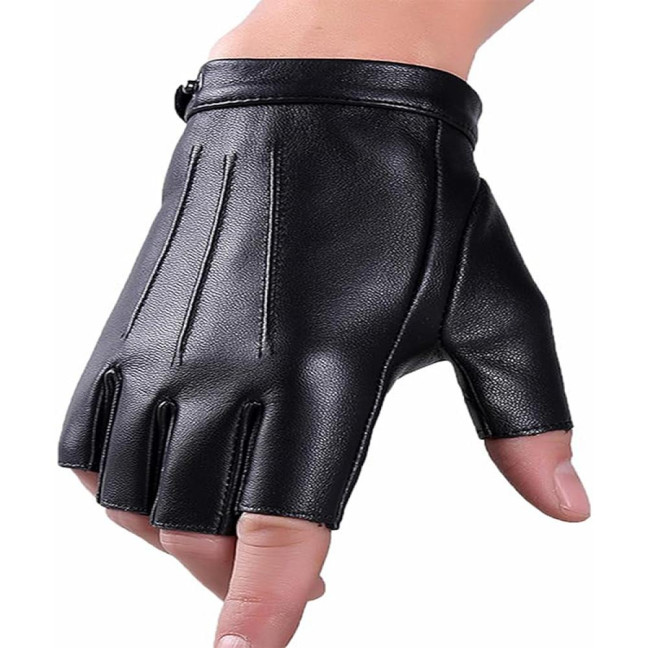 1 Pair Faux Leather Gloves Half Fingers Smooth Waterproof Adjustable Wrist Solid Color Unisex Driving Outdoor Sports Halloween Gloves Cosplay Costume 
