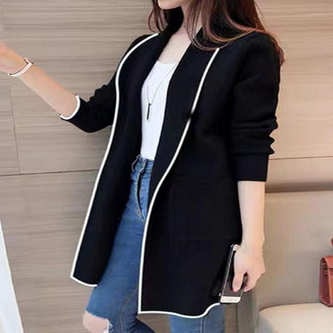 Women Fall Winter Jacket Open Stitch Cardigan Long Sleeve Mid Length Solid Color Loose Pockets Lapel Lady Warm Coat 